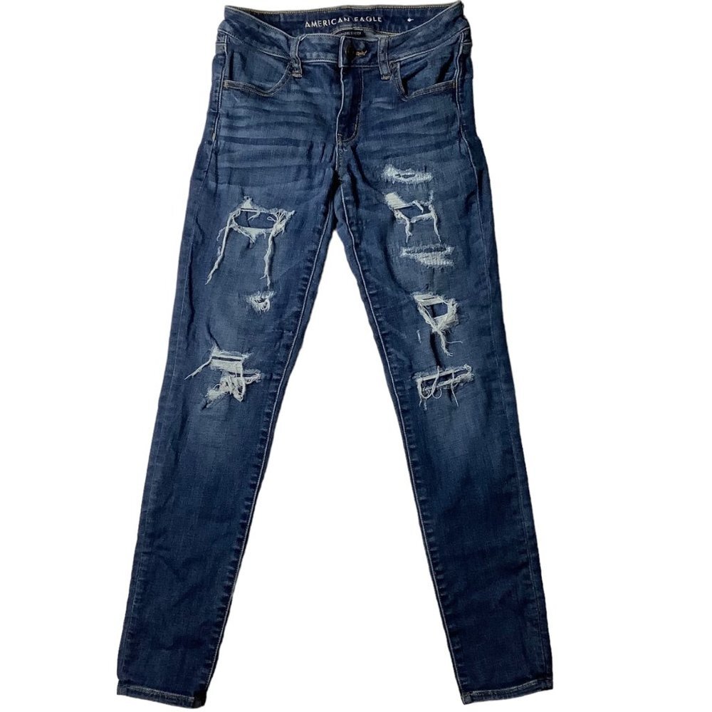 American Eagle Women Dark Blue Next Level‎ Stretch Distressed Denim Jeans Sz 6